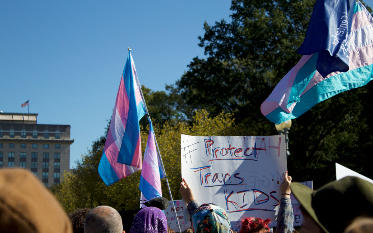 A Transgender rights protest outside of the White House with pink, blue and white Trans Pride flags swinging in the sky and a protest sign that reads: Protect Trans Kids.